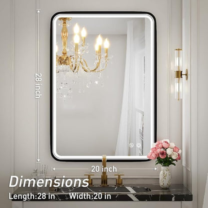 20x28 Inch LED Lighted Bathroom Mirror,Black Frame | ETL Listed,Anti-Fog,3000K/4500K/6000K Dimmable,Horizontal & Vertical,Wall Mounted,Memory Function,Ideal for Bathroom,Vanity