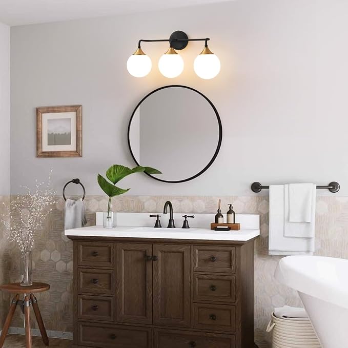 Black Gold Bathroom Light Fixtures Over Mirror Vanity 3-Light | Mid Century Modern Matte Black Gold Wall Sconce with Milky White Glass Ball Shades for for Bathroom Dressing Table Bedroom