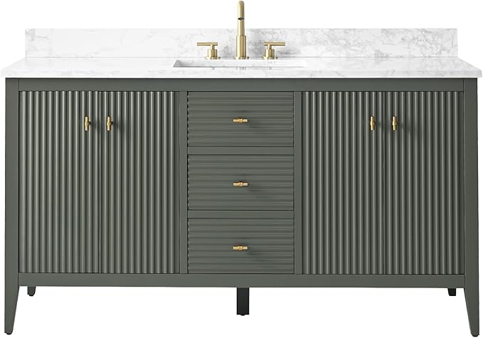 HOMEBEYOND 60" Bathroom Vanity with Single Sink, Solid Wood Bathroom Vanity Free-Standing Cabinet, Ceramic Top & Soft Closing Door, Golden Brushed Handware, Vintage Green