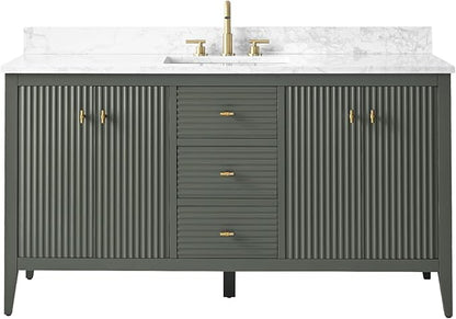 HOMEBEYOND 60" Bathroom Vanity with Single Sink, Solid Wood Bathroom Vanity Free-Standing Cabinet, Ceramic Top & Soft Closing Door, Golden Brushed Handware, Vintage Green
