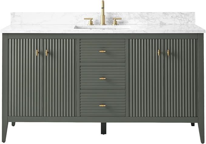 Vanity Art 60 inch Bathroom Vanity with Single Sink & Ceramic Top, Vanity Cabinet with Soft-Closing Door, Solid Wood Frame, Linear Pattern, Vintage Green, Golden Brushed Handware VA9160-SVG-GB