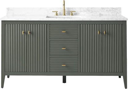 Vanity Art 60 inch Bathroom Vanity with Single Sink & Ceramic Top, Vanity Cabinet with Soft-Closing Door, Solid Wood Frame, Linear Pattern, Vintage Green, Golden Brushed Handware VA9160-SVG-GB