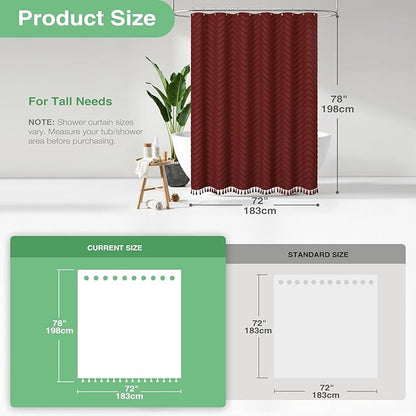Dynamene 78 Inches Long Shower Curtain, Boho Tufted Chevron Striped Tall Cloth Shower Curtains for Bathroom Decor, Large Hotel Spa Luxury Shower Curtain Set with Hooks, Wrinkle Free, Burgundy, 72x78