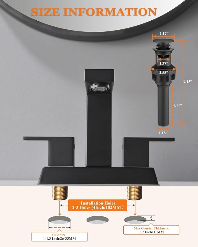 Tohlar Black Bathroom Faucet - Bathroom Sink Faucet 2 Handles, 4 Inch Centerset Bathroom Faucets for Sink 2 or 3 Holes, Matte Black Bathroom Faucet with Pop Up Drain and 2 Lead-Free Hoses, Lavatory RV