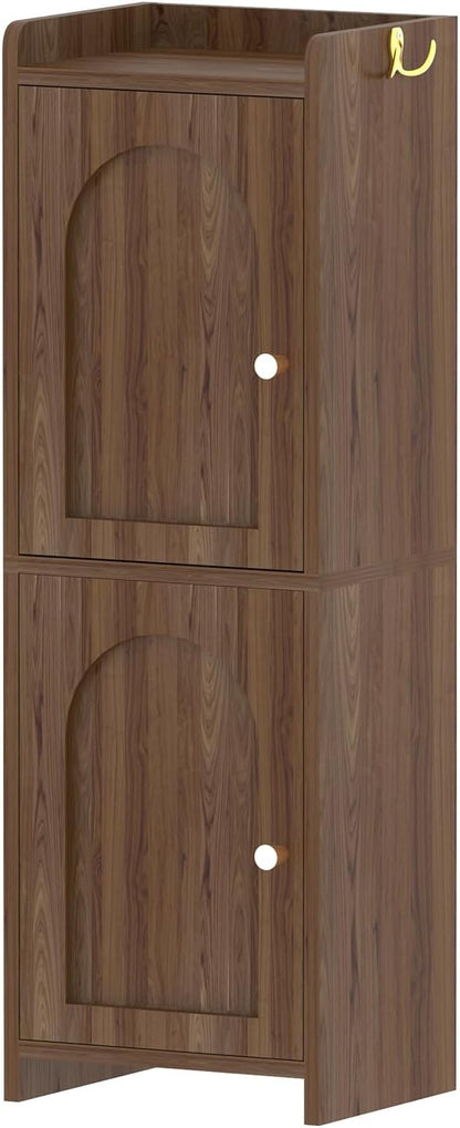 Arbuxzuy Small Bathroom Storage Cabinet with 2 Doors and Adjustable Shelf | Brown Corner Floor Cabinet, Narrow Toilet Paper Cabinets with 2Hooks,Toilet Organizer for Small Spaces, 7.87"D*9.84"W*29.72"H