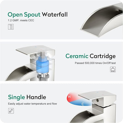 CREA Waterfall Bathroom Faucet 1 Hole Single Handle Brushed Nickel Bathroom Sink Faucet with Drain/ 3 Hole Deck Plate Stainless Steel Vanity Basin Mixer Tap(cUPC Hot Cold Water Supply Line)