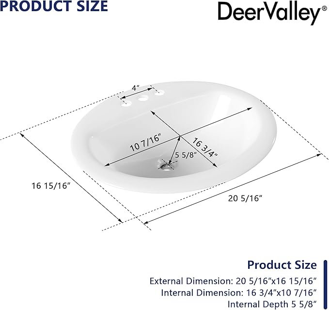 DeerValley 20x17 Inch Oval Ceramic Drop-in Bathroom Sink, White Vessel Sink with Overflow and Three Faucet Holes at 1.25-inch Centers, Modern Art Basin, DV-1DS0120
