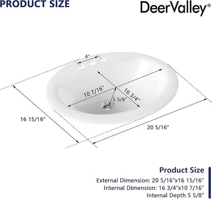 DeerValley 20x17 Inch Oval Ceramic Drop-in Bathroom Sink, White Vessel Sink with Overflow and Three Faucet Holes at 1.25-inch Centers, Modern Art Basin, DV-1DS0120
