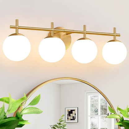4-Light Bathroom Light Fixtures, Brushed Gold Vanity Lights for Bathroom with Milky White Glass Shade, Bathroom Lighting Fixtures Over Mirror, Wall Sconce for Bedroom (Bulb Not Included)