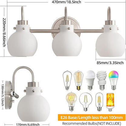 Bathroom Wall Light Fixture Brushed Nickel 3 Light Vanity Light | Wall Sconce with Milk Globe Glass Shade Bath Wall Lamp over Mirror Farmhouse Wall Mount Light for Living Room Bedroom Hallway