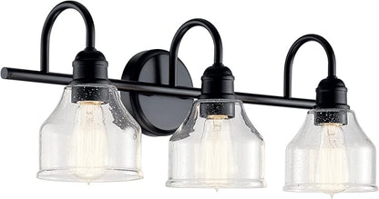 Kichler Avery 24" 3-Light Bathroom Vanity Light in Black with Clear Seeded Glass for Bathroom and Powder Room Vanity, Industrial Styling, (24" W x 9.5" H x 8.25" Ext.), 45973BK