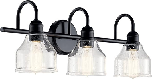 Kichler Avery 24" 3-Light Bathroom Vanity Light in Black with Clear Seeded Glass for Bathroom and Powder Room Vanity, Industrial Styling, (24" W x 9.5" H x 8.25" Ext.), 45973BK