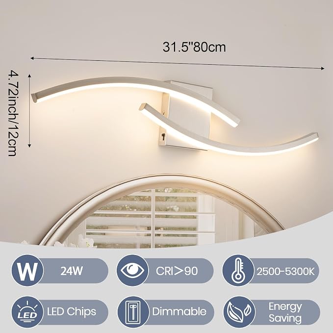 31.5 inch Modern Bathroom Vanity Light Brushed Nickel Lights Fixtures Dimmable 5CCT Led Bathroom Light Fixture Over Mirror Modern Wall lamp for Cabinet Hallway