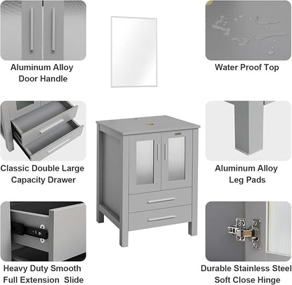 eclife 84" Modern Bathroom Vanity Sink Combo Freestanding Cabinet with Small Side Cabinet, Champagne Boat Glass Vessel Sink, Water Save Faucet, Drain (Gray+A29CH)