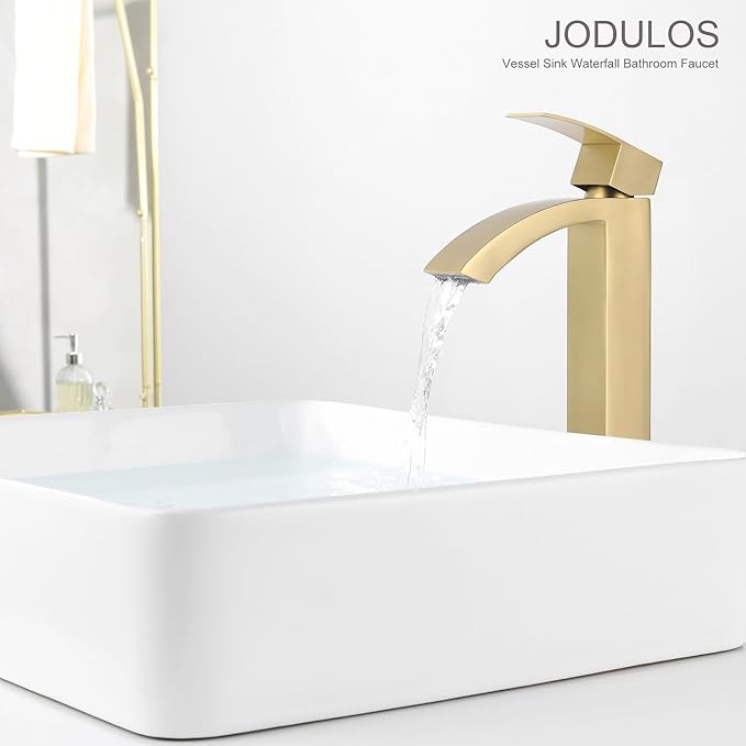 Brushed Gold Vessel Sink Faucet, Tall Bathroom Faucet, Single Hole Single Handle Waterfall Bathroom Sink Faucet with cUPC Supply Hose and Metal Pop Up Drain JU-BS101-BG