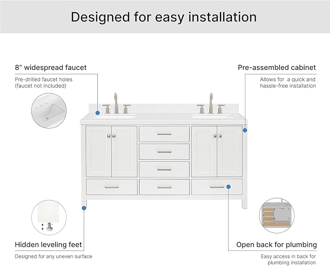 ARIEL Cambridge 66-inch Bathroom Vanity with Sink,Solid Wood, 1.5-inch Carrara White Quartz Countertop, Double Rectangular Porcelain Sink, 4 Soft Closing Doors, 6 Dovetail Drawers, White