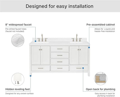 ARIEL Cambridge 66-inch Bathroom Vanity with Sink,Solid Wood, 1.5-inch Carrara White Quartz Countertop, Double Rectangular Porcelain Sink, 4 Soft Closing Doors, 6 Dovetail Drawers, White