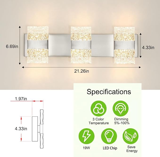 Bathroom Vanity Light Fixture, Modern Brushed Nickel LED Vanity Light, Dimmable 19W LED Wall Sconce Lighting for Bathroom, Bedroom, Perfect for Makeup & Shaving