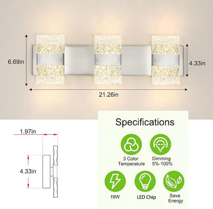 Bathroom Vanity Light Fixture, Modern Brushed Nickel LED Vanity Light, Dimmable 19W LED Wall Sconce Lighting for Bathroom, Bedroom, Perfect for Makeup & Shaving