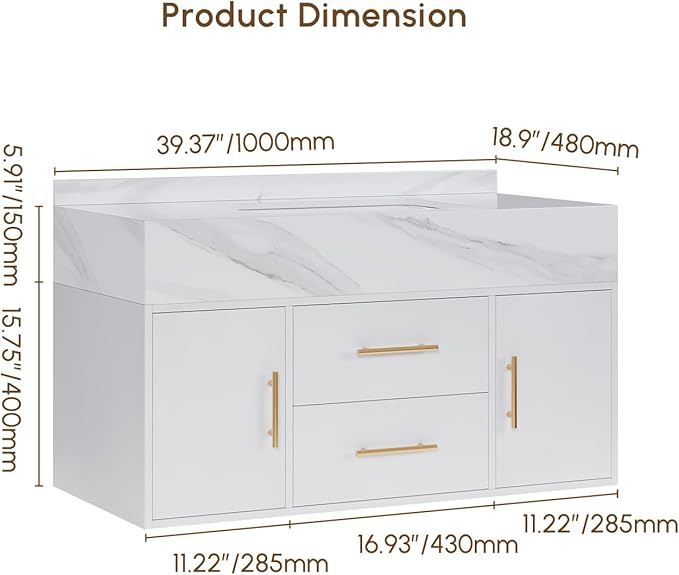 Bathroom Vanity with Sink 39.5" Floating Bathroom Vanity Sintered Stone Modern Bathroom Vanity Set, White (Wall Mounted, Gold Handle)