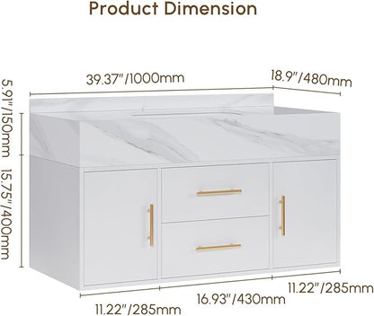 Bathroom Vanity with Sink 39.5" Floating Bathroom Vanity Sintered Stone Modern Bathroom Vanity Set, White (Wall Mounted, Gold Handle)