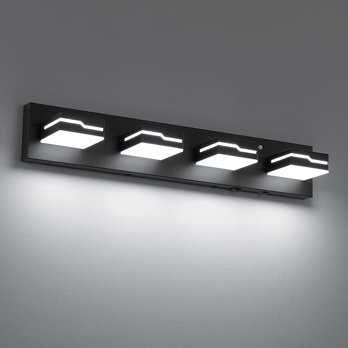 LED Wireless Motion Sensor Modern Bathroom Vanity Light Fixtures 4-Light, 25.5 inch 3CCT Dimmable Black Auto-Off Vanity Lights for Bathroom Lighting, with 350° Rotatable Acrylic Heads