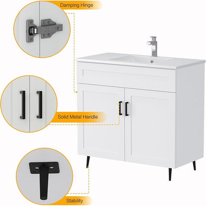 36 Inch Bathroom Vanity, Freestanding Wooden Bathroom Vanity with 2 Doors and Metal Legs, Bathroom Cabinet Vanity Without Ceramic Sink (White Without Sink, 36")