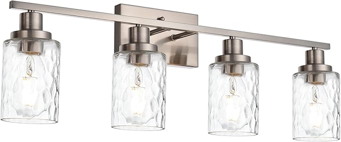 MELUCEE Brushed Nickel Bathroom Vanity Light with Clear Hammered Glass | 4-Light Wall Light Fixtures Modern Wall Lamp for Powder Room Bedroom Porch (Patent No.: US D963914 S)
