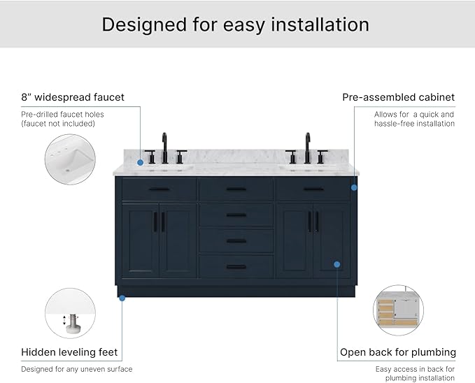 ARIEL Hepburn 66-inch Bathroom Vanity with Sink,Solid Wood, 0.75-inch Italian Carrara Marble Countertop, Double Rectangular Porcelain Sink, 4 Soft Closing Doors, 6 Dovetail Drawers, Midnight Blue