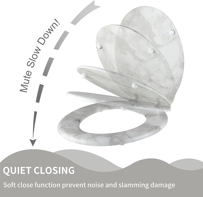 Angel Shield Marble Toilet Seat Durable Molded Wood with Quiet Close,Easy Clean，Quick-Release Hinges (Round,Gray Marble)