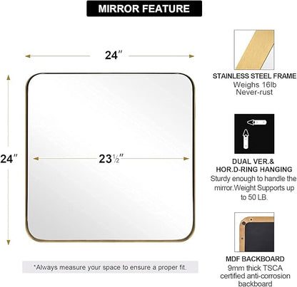 Square Wall Mirror for Bathroom, 24”x24” Brushed Gold Bathroom Mirror, Rounded Corner Metal Mirror in Premium Stainless Steel Frame Hangs Horizontal Or Vertical（No Rose Gold）