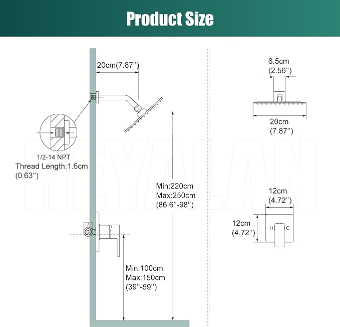 Heyalan 8-Inch Square Rain Shower Faucet Set with Valve, Polished Chrome | SUS304 stainless steel shower head, male NPT 1/2-inch valve, single-handle control, adjustable angle, 1.8 GPM