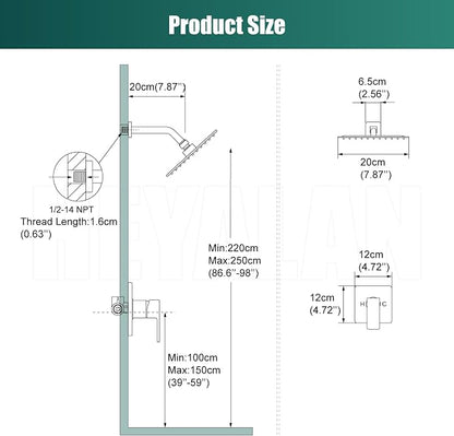 Heyalan 8-Inch Square Rain Shower Faucet Set with Valve, Polished Chrome | SUS304 stainless steel shower head, male NPT 1/2-inch valve, single-handle control, adjustable angle, 1.8 GPM