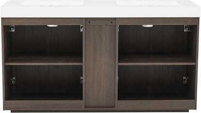 60 Inch Bathroom Vanity with Double Sink, Freestanding Double Sink Bathroom Vanity with White Engineered Stone Top, Open Storage Cabinet & Adjustable Shelf, Smoked Oak Brown (3 Holes)