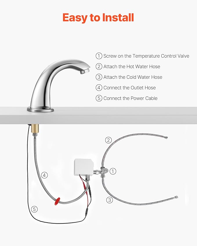 VEVOR Touchless Bathroom Sink Faucet, Automatic Motion Sensor Restroom Toilet Faucet with Hole Cover Plate, Battery Operated,Adjustable Temp for 9/16 in Pipe Commercial Lavatory,Chrome Plated Silver