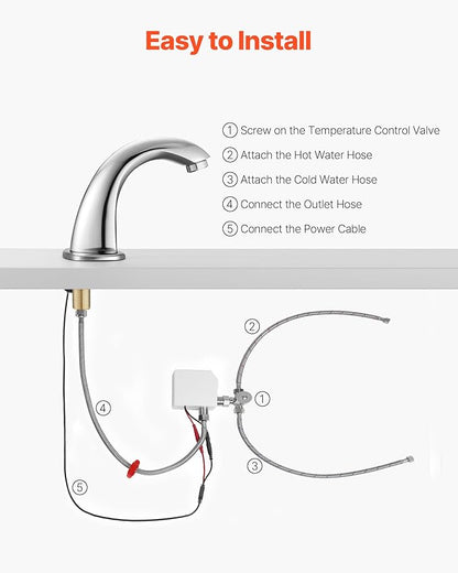VEVOR Touchless Bathroom Sink Faucet, Automatic Motion Sensor Restroom Toilet Faucet with Hole Cover Plate, Battery Operated,Adjustable Temp for 9/16 in Pipe Commercial Lavatory,Chrome Plated Silver