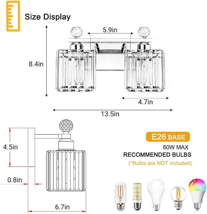 Lxybcce Modern 14In 2-Lights Bathroom Vanity Light, Crystal Bathroom Light Fixtures, Chrome Vanity Light Fixtures Over Mirror, Easy Installation & Shadow-Free Illumination for Bathroom Mirror Decor