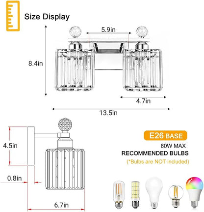 Lxybcce Modern 14In 2-Lights Bathroom Vanity Light, Crystal Bathroom Light Fixtures, Chrome Vanity Light Fixtures Over Mirror, Easy Installation & Shadow-Free Illumination for Bathroom Mirror Decor