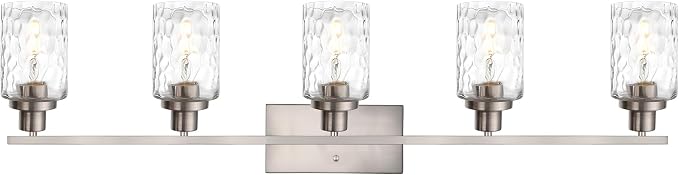 MELUCEE 5-Light Bathroom Light Fixtures Brushed Nickel Finish | Modern Vanity Light Industrial Wall Lamp with Clear Hammered Glass Shade for Powder Room Bedroom (Patent No.: US D963914 S)