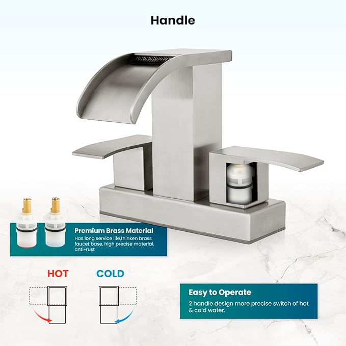 gotonovo Waterfall 4 Inch Centerset Bathroom Sink Faucet 2 Handle Basin Faucets 2 or 3 Hole Deck Mount with Pop Up Drain Included Lavatory Modern Mixer Tap Vanity Faucet Brushed Nickel
