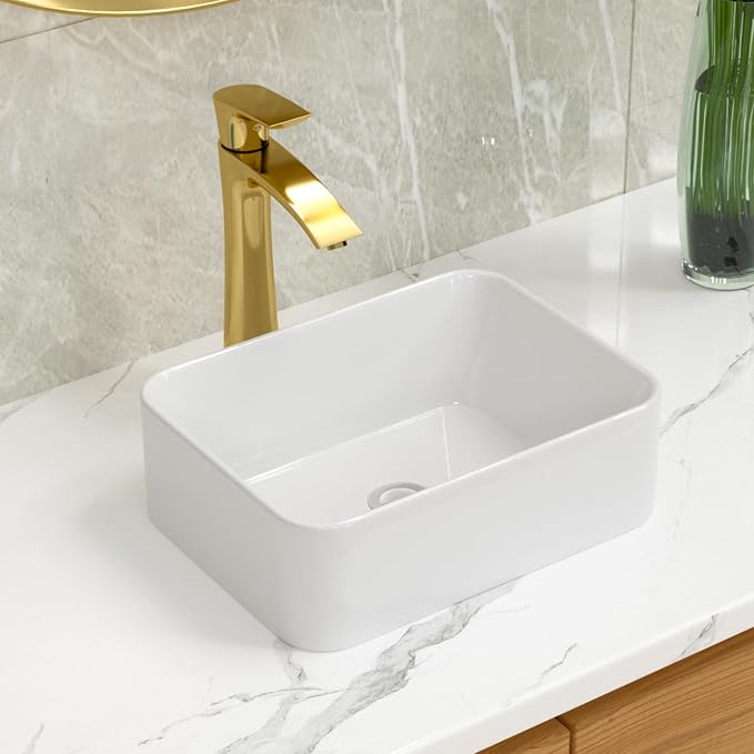 Lordear Vessel Sink Rectangular 16"x12" Rectangle Bathroom Sink | Pure White Porcelain Ceramic Vessel Sink, Rectangular Above Counter Sink Art Basin