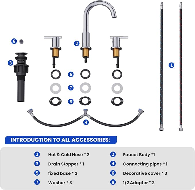 Bathroom Faucets for 3 Hole Sinks, Hurran 8 Inch Chrome Double Handle Bathroom Sink Faucet Comes with a 360 Degree Rotating Spout and a Pop-Up Drain that is Suitable for Vanity RV Outdoor Sink
