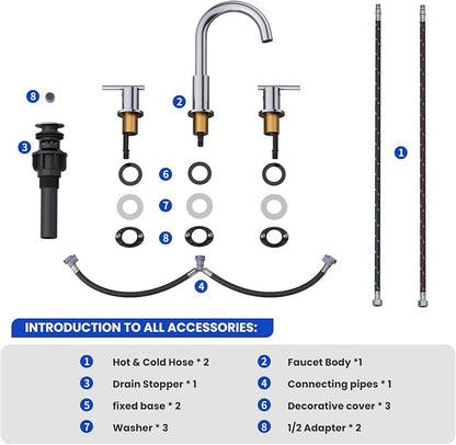 Bathroom Faucets for 3 Hole Sinks, Hurran 8 Inch Chrome Double Handle Bathroom Sink Faucet Comes with a 360 Degree Rotating Spout and a Pop-Up Drain that is Suitable for Vanity RV Outdoor Sink