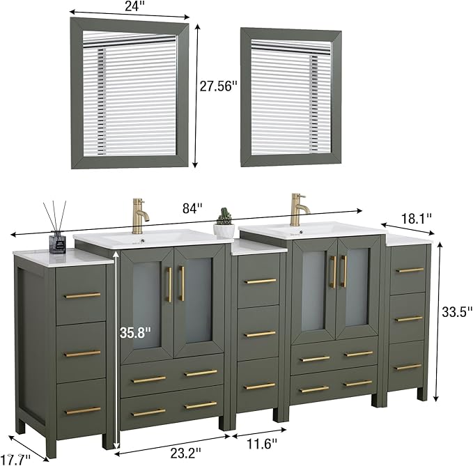 HOMEBEYOND 84 Inch Modern Bathroom Vanity with Sink & Mirror, Double Sink Vanity Cabinet with Basin and Mirror, Dove-Tailed Drawers, Soft-Closing Doors, Wood, Vintage Green