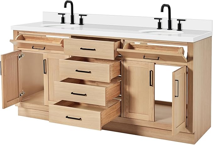 ARIEL Hepburn 72-inch Bathroom Vanity with Sink,Solid Wood, 1.5-inch Pure White Quartz Countertop & Backsplash, Double Oval Porcelain Sink, 4 Soft Closing Doors, 6 Dovetail Drawers, White Oak