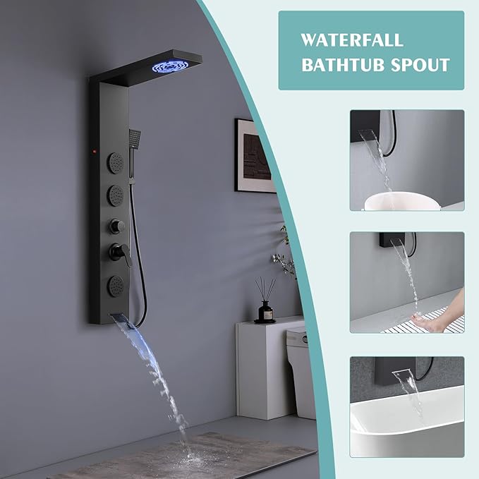 Matte Black Shower Panel for Bathroom - 5 In 1 Full Body Shower Tower With Led, Rainfall Shower Head With Powerful Body Jets, Handheld Shower And Tub Spout
