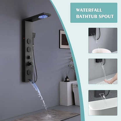 Matte Black Shower Panel for Bathroom - 5 In 1 Full Body Shower Tower With Led, Rainfall Shower Head With Powerful Body Jets, Handheld Shower And Tub Spout