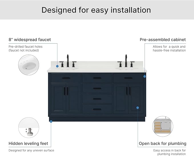ARIEL Hepburn 66-inch Bathroom Vanity with Sink,Solid Wood, 1.5-inch Pure White Quartz Countertop & Backsplash, Double Oval Porcelain Sink, 4 Soft Closing Doors, 6 Dovetail Drawers, Midnight Blue