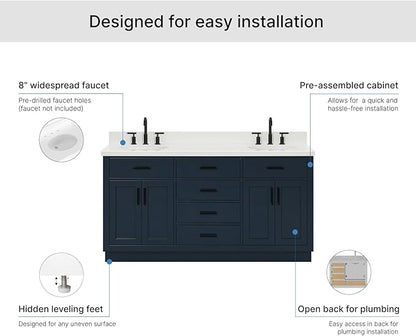 ARIEL Hepburn 66-inch Bathroom Vanity with Sink,Solid Wood, 1.5-inch Pure White Quartz Countertop & Backsplash, Double Oval Porcelain Sink, 4 Soft Closing Doors, 6 Dovetail Drawers, Midnight Blue