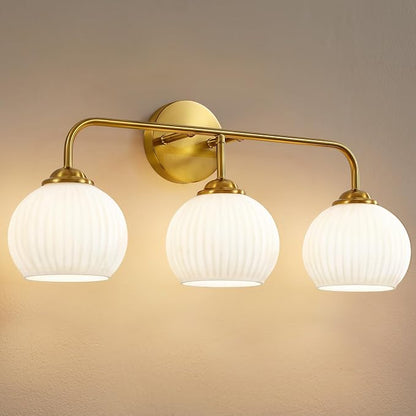 RUIYEY Bathroom Vanity Light Fixtures: 3-Lights Lantern Gold Vanity Lights for Bathroom, 23.6 Inch E26 60W Modern Bathroom Lighting Fixture with Milky White Glass for Bath Restroom